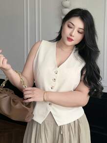 Dazy Plus Solid Color V-Neck Sleeveless Fitted Cropped Vest Jacket - Apricot - View 8
