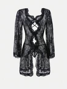 2件套女士性感蕾丝内衣套装，长袖，带领带