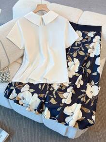 Franclia Women's Elegant Peter Pan Collar Short Sleeve Blouse And Printed A-Line Skirt 2Pcs Set