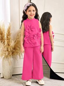 Set de 2 piezas compuesto por top con cuello de pie y pantalones con adornos florales elegantes para niña joven
