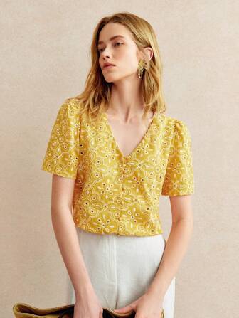 Écloséra 女士法式度假通勤短袖黄色刺绣衬衫