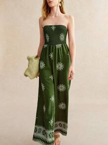 Écloséra 女式无袖绿色花卉印花连体裤，复古风格 - 綠色 - 查看 4