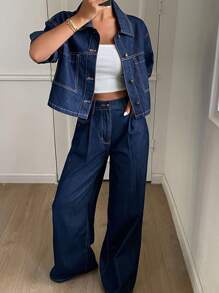 Livesso 女士夏季短袖衬衫和阔腿牛仔裤休闲宽松套装，返校服 - 藍色 - 查看 4