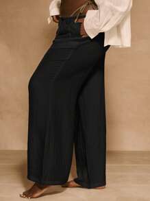 MUSERA Plus Size Mid Rise Drawstring Wide Leg Casual Trousers Boho Summer Vacation Swim Holiday Summer Beach Sexy Cute Elegant - Black - View 3
