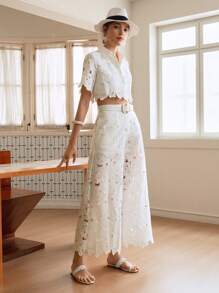 Arave 女士蕾丝两件套编织激光镂空刺绣短袖短款上衣阔腿裤，女士休闲度假装，/，女士服装，巡航女士服装，欧洲，女士度假装，2 件套，白色套装，女士生日装，蕾丝两件套，白色蕾丝两件套，两件套，两件套秋季女装秋季服装女士秋季秋装 - 白色 - 查看 3