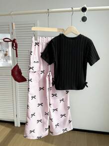 2pcs/Set Tween Girls Casual Street Style Cute Bow Knitting T-Shirt & Pink Bow Cargo Pants Set - Multicolor - View 2