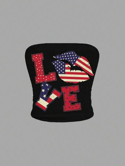 ROMWE Avant Top a fascia arricciato da donna con stampa retrò a stelle e strisce americane e labbra