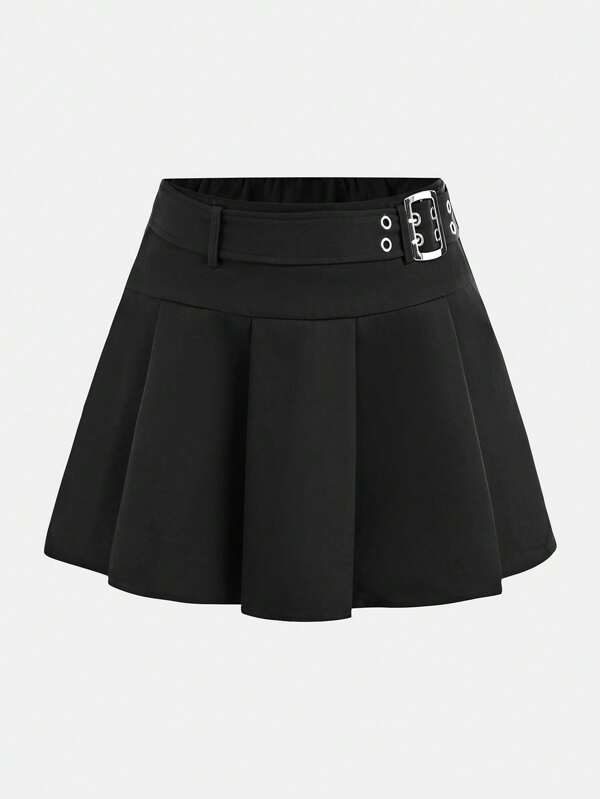 Girlism Jupe plissée de couleur unie avec short de sécurité intégré, avec une ceinture amovible. Polyvalente et adaptée à toutes les saisons. Style scolaire