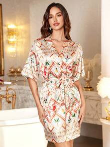 LuxeNights Spring And Summer Seasons Women's Satin Tropical Pattern Elegant Print Nightgown Women Nighty - Multicolor - View 6