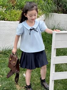 DAZY Set de 2 piezas Blusa con estampado floral y lazo + Falda plisada para niñas, conjunto de atuendos de verano para niñas - Azul - Ver 2