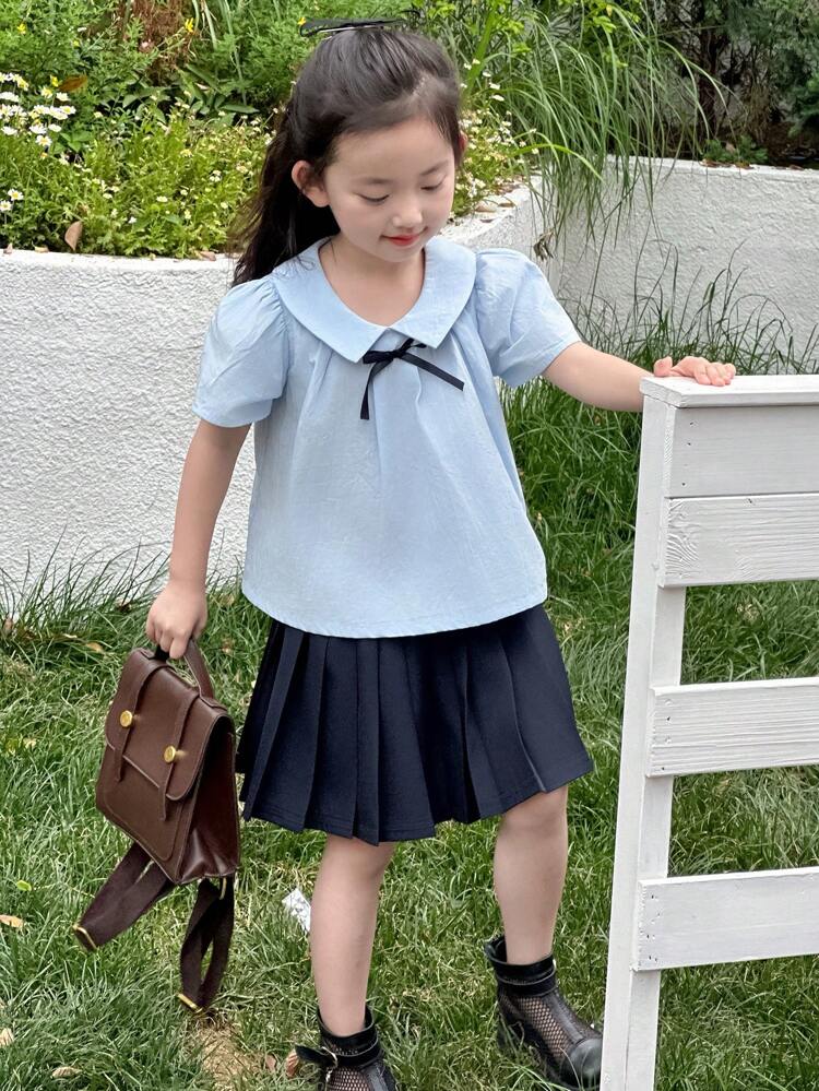 2pcs/Set Young Girls Floral Bowknot Blouse & Pleated Skirt Set,Girls Summer Outfits