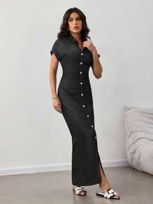 SHEIN Lady Robe en jean casual slim à manches courtes et à simple boutonnage pour femmes