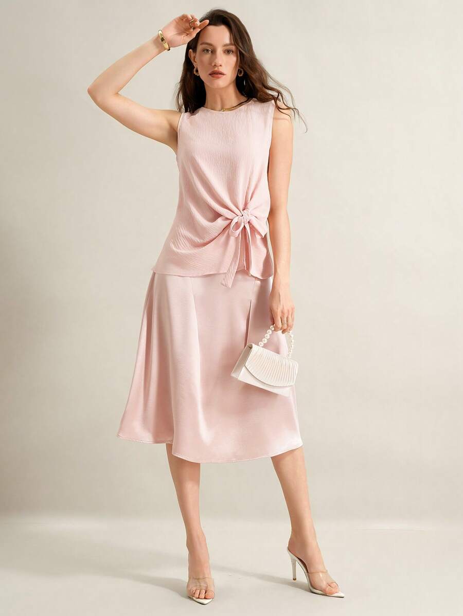 SHEIN Clasi Lotus Root Color Round Neck Bow Decor Women Casual Tank Top - Dusty Pink - View 1