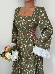 Al Najma 女式绿色碎花印花甜心领口撞色系带袖口荷叶边下摆阿拉伯风格长袖连衣裙 - 彩色 - 查看 6