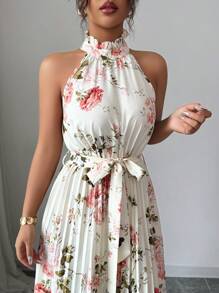 Elenzga Vestido elegante y romántico sin mangas con cuello en V y bajo acampanado con estampado, multicolor, para mujeres - Multicolor - Ver 5