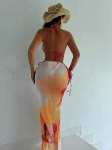 Swim SXY Spring Break Women Sexy Microtrip Print Halter Bowknot Textured Fabric 3-Piece Bikini Swimsuit For Beach Holiday For Summer Beach Vacation - Orange - View 2