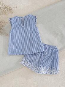 Cozy Pixies 2pcs/Set Baby Girl Striped Crew Neck Sleeveless Top And Elastic Waist Shorts Set Blue Two Piece Set Baby Baby Girl Two Piece Set Blue And White Striped Baby Outfit Baby Girl Summer Outfit Set Baby Girl Short Sets