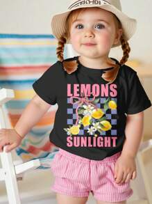 SHEIN 3pcs/Set Baby Girls Black And Pink Summer Casual Vacation Holiday T-Shirts,Round Neck Short Sleeve Island Prints,Palm Tree,Sunset,Bow,Lemon Drink Tee - Multicolor - View 6