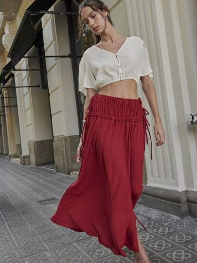 Nöista Flowy Maxi Skirt With Ruched Waist And Side Ties. Perfect For Summer Outfits, São João Looks, Or 4th Of July Clothes. Pair With Cute Tops Or USA Shirt For An Effortlessly Festive Vibe.