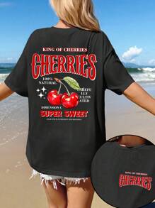 SHEIN EZwear Oversized Casual Simple Cherry Pattern Round Neck Drop Shoulder Loose T-Shirt For Women, Summer Back To School - Black - View 3