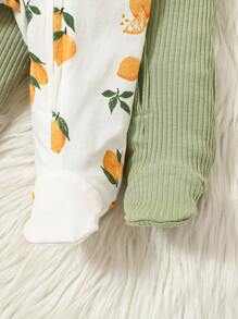 SHEIN 新生女婴两件套可爱草莓印花舒适圆领长袖拉链连体睡衣 - 綠色 - 查看 6