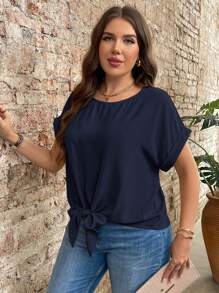 SHEIN LUNE Blusa de verano de unicolor con nudo delantero, talla grande, estilo casual de vacaciones, color azul marino - Azul Marino - Ver 3