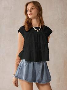 Wildy Women Loose White Office Shirt Casual American Western Country Style Short Sleeve Top - Black - View 7