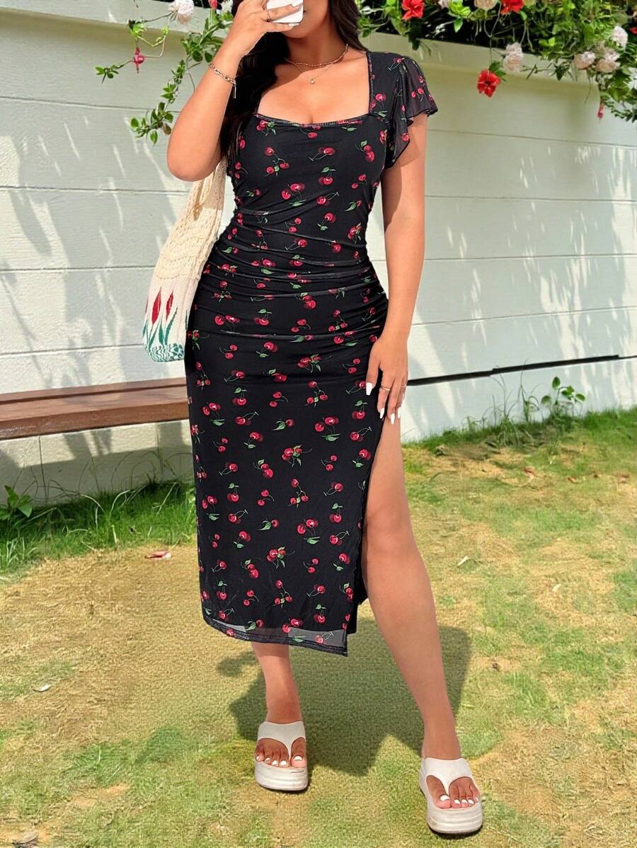 SHEIN EZwear Plus Size Black Fruit Print Mesh Cut-Out Thigh High Dress - Multicolor - View 1