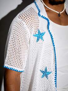 ROMWE MEN Street Life Men's Vacation Turndown Collar Open Front Starfish Print Knitted Top