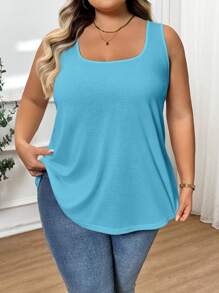 SHEIN CURVE+ Plus Size Sleeveless Casual Solid Color Blue Tank Top For Summer/Country/Beach Vacation - Blue - View 8