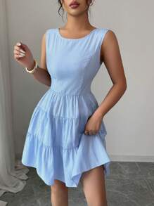 Elenzga 女式夏季条纹露背蝴蝶结装饰无袖休闲连衣裙 - 藍色 - 查看 3