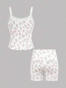 SHEIN Girlism Tween Girl Casual Home Lace Trim Ribbon Bow Ditsy Floral Camisole And Fitted Short Set - Pink - View 2