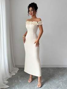 Elenzga 1 Stück Damen Elegant Romantik Kleid mit Rüschen-Trim an der Schulter und Taille