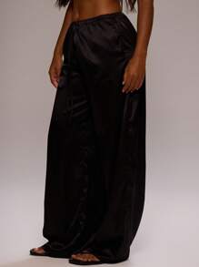 MUSERA 系带缎面长裤，90年代夏季优雅休闲可爱度假裤，春季家居服 - 黑色 - 查看 3