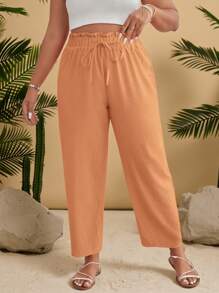 SHEIN VCAY Plus Size Summer Solid Color Textured Waist Tie Pants