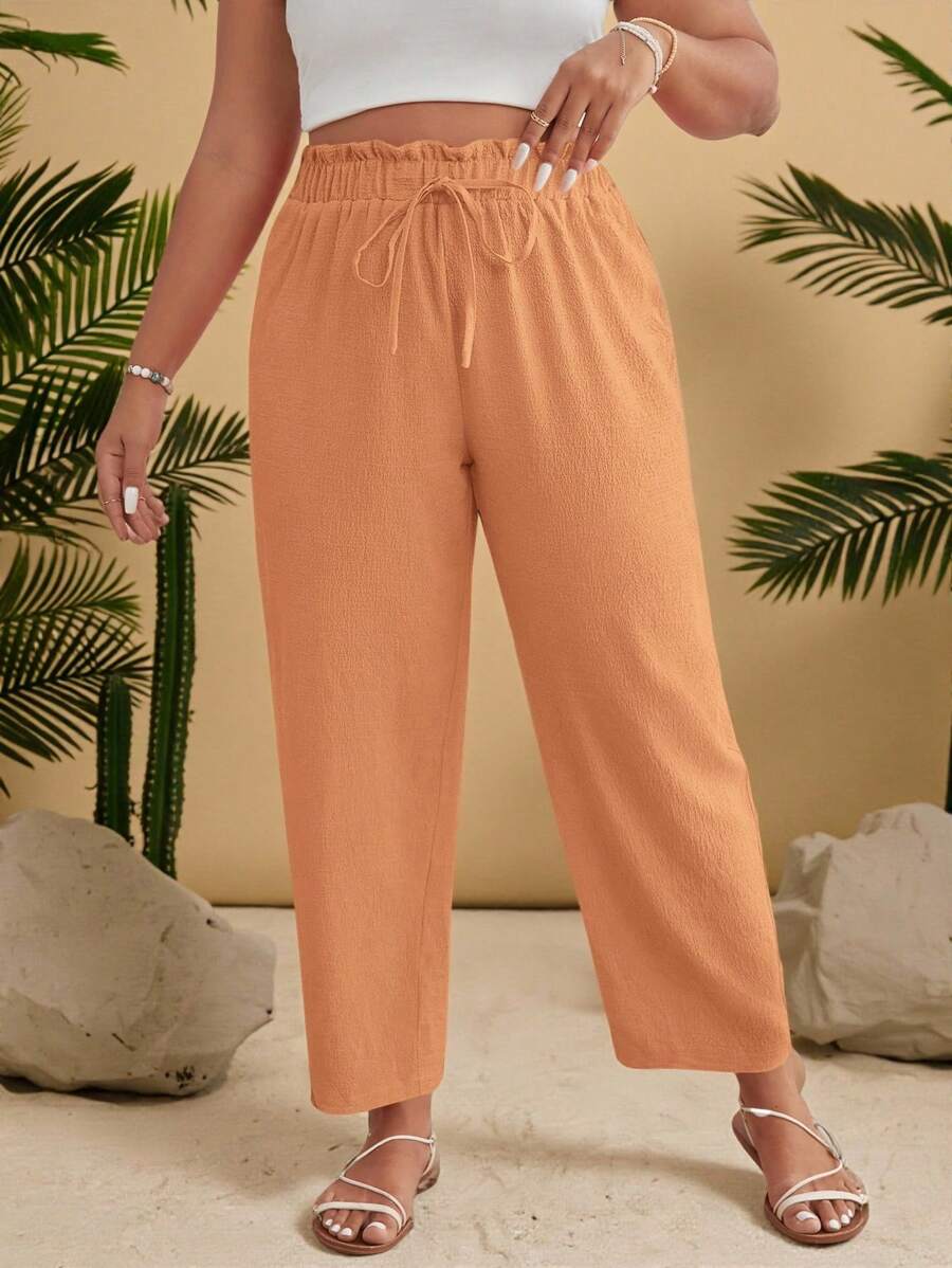 SHEIN VCAY Plus Size Summer Solid Color Textured Waist Tie Pants