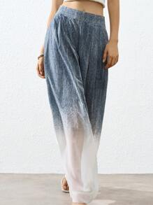 Aveloria Affinna Blue Ombre Flocked Texture Special Fabric High-End Design Loose Casual Versatile Wide Leg Semi-Sheer Women Long Pants Fall Cloth For Women