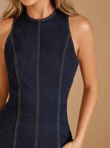 SHEIN BAE Women's Original Dark Blue Casual Backless Denim Dress, Simple And Stylish, Suitable For Daily Wear, Business Casual,For Spring/Summer - Dark Wash - View 7
