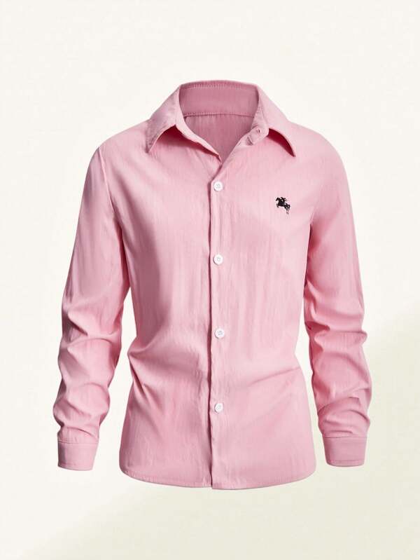 SHEIN Camisa informal versátil de vacaciones rosa para niños preadolescentes, diseño de puño ajustable, apta para diversas ocasiones, vida universitaria y uso diario