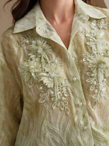Anewsta Women's Sage Green Woven Fabric Top With Floral Embroidery Detail Long Sleeves And Shirt Collar - Green - View 2