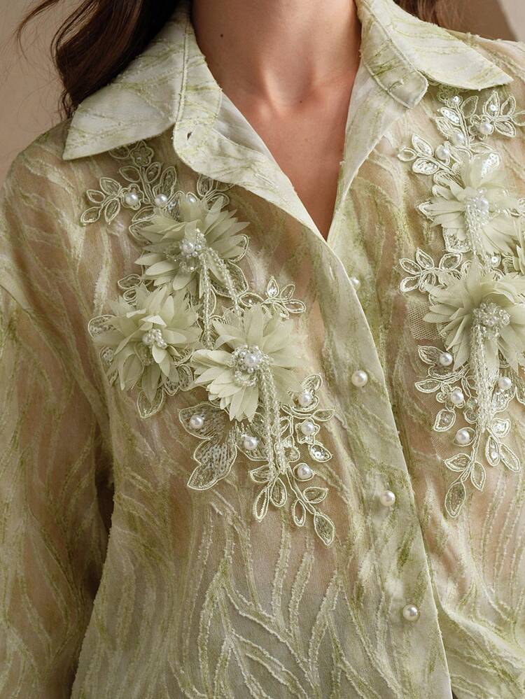 Women's Sage Green Woven Fabric Top With Floral Embroidery Detail Long Sleeves And Shirt Collar