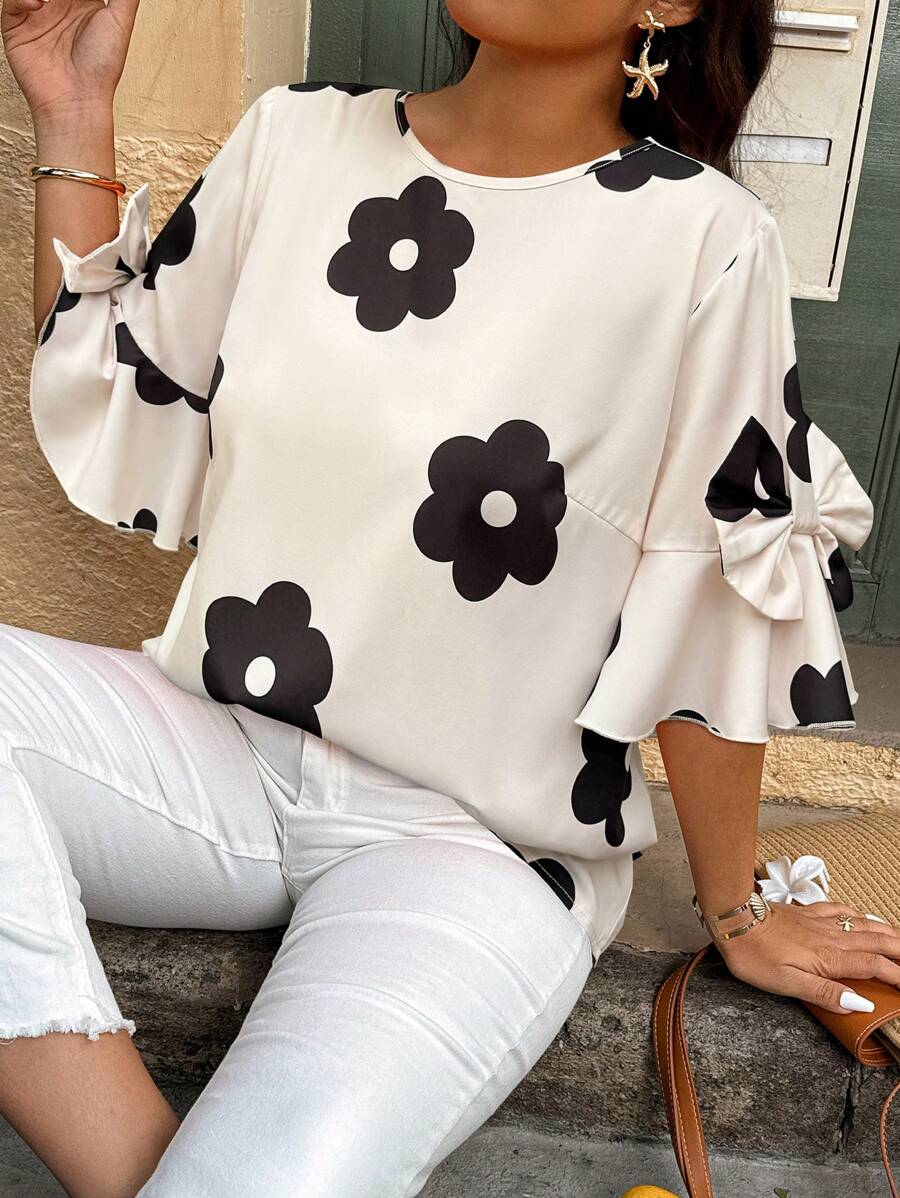 Weeklong 大码随机印花圆领蝴蝶结装饰短袖衬衫