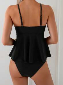 Swim Lushoire 2pcs/Set Women's Elegant Vacation Coffee Shell & Metal Beaded Tankini Bikini Swimsuit, Beach Outfit For Summer - Black - View 2