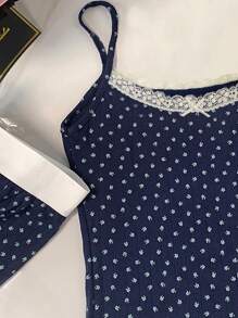 INAWLY Women's Contrast Lace Bow Decor Ditsy Floral Cami Top And Shorts Casual Loungewear Set