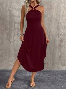 Breezaya Đầm Maxi Đi Biển Không Tay Cổ Halter Màu Trơn Viền Bất Đối Xứng Mùa Hè Trang Phục Đi Biển Cho Nữ - Màu Đỏ Sâu - Xem 3