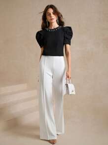 Amorya 女士圆领短袖插肩针织上衣，饰有仿珍珠，优雅日常休闲装，适合春夏秋冬，返校季，低调复古，适合教师、机场等场合，优雅女士上衣 - 黑色 - 查看 4