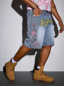 ROMWE MEN Street Life 男士花卉刺绣牛仔短裤，适合春夏季日常穿着