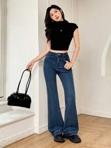 K-Vae 女士牛仔蓝夏季弹力喇叭牛仔裤，修身腰牛仔喇叭裤，毕业季喇叭裤 - 水鴨藍 - 查看 1