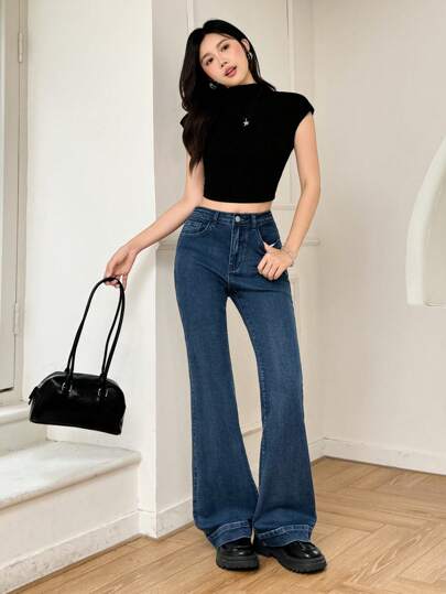 K-Vae Women's Denim Blue Summer Stretch Flared Denim Trousers, Slim Waist Denim Flared Trousers, Graduation Season Flared Trousers