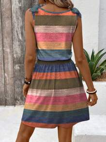 女士夏季度假彩色条纹裹身裙，纽扣闭合，松紧腰带，适合海滩度假穿着 - 彩色 - 查看 2
